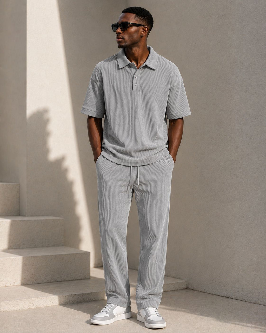 VENTIUNO Men’s Ribbed Knit Polo Coord Set