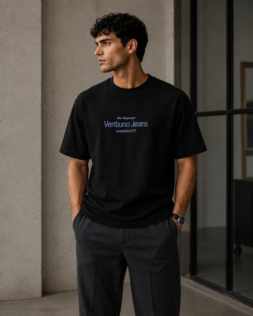 VENTIUNO JEANS Luxury Men’s Graphic Tee (Bold)– Drop Shoulder Relaxed Fit Cotton Crewneck