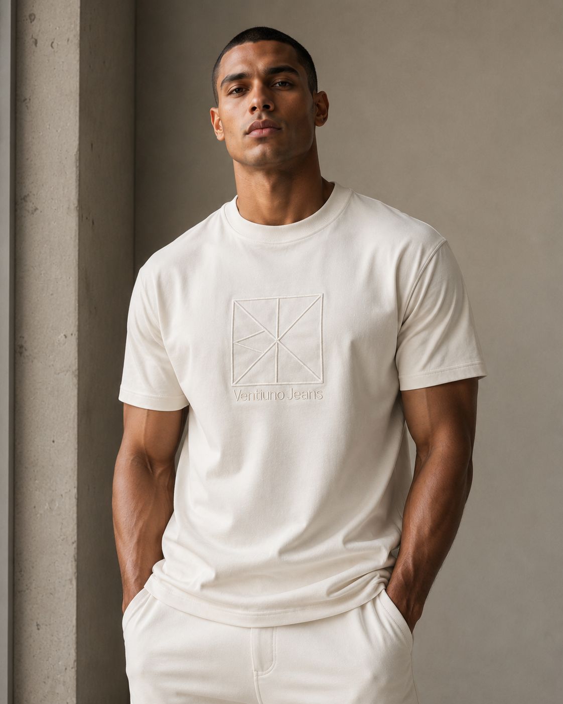 Ventiuno Jeans Embossed Logo T-Shirt — Cream