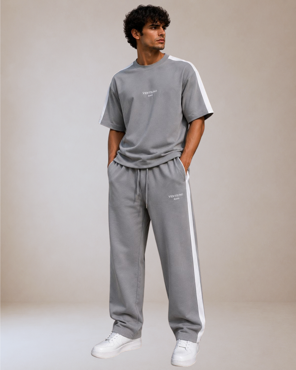 Ventiuno Jeans Side Stripe Co-ord Set — Grey/White